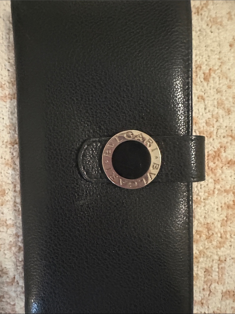 Bulgari Black Leather Key & Card Holder with Silver-Tone Logo Ring